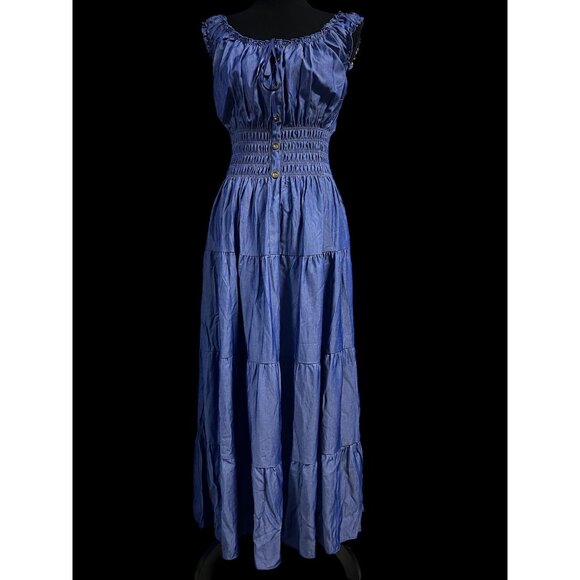 Ostoo Smocked Waist Maxi Dress WOMEN L Blue Sleeveless Off Shoulder cottage core - Picture 1 of 6